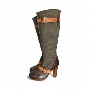 Ugg Collection Aniela Leather Wool Knee High Heeled Boots Buckle Sherpa 7.5M